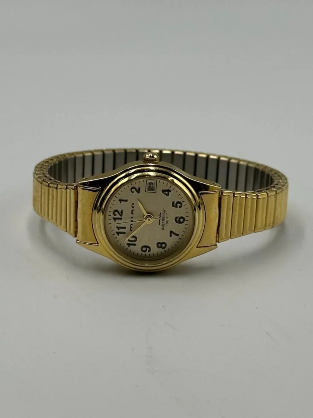 3/$30 Milan Watch Women Gold Tone Date Window Stretch Band New Battery 6.25 Inch